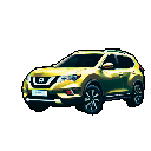 Photorealistic whole Nissan X-Trail, three-quarter view, right front wheel, clean background, sRGB colors, pixel art style
