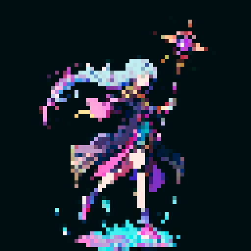 legendary anime girl wizard, floating above the ground, long flowing hair, dark and emo colors, glowing magical staff, intricate and ornate robes, intense and focused expression looking to the right, not wearing shoes, sparkling and shimmering background, sRGB