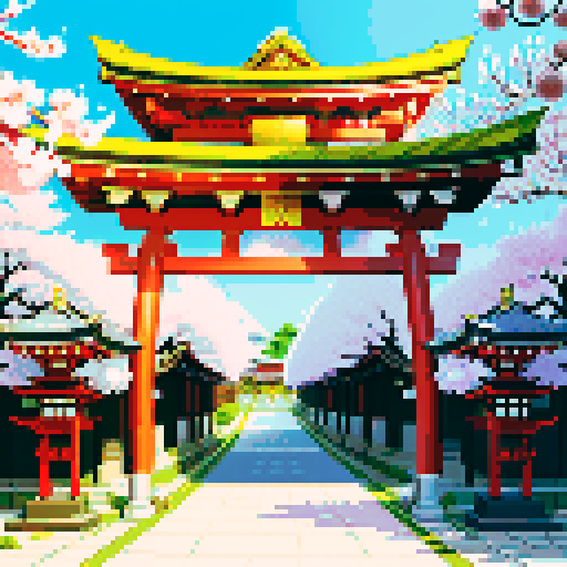 shiny silver shinto shrine, vibrant cherry blossom trees, traditional architecture with intricate details, shinto torii gate adorned with shiny silver decorations, a pixel art shiny silver chest in background, shiny silver lanterns illuminating the scene in sRGB colors, no gold colors, silver decorations only