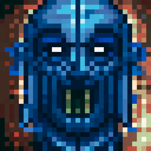 Scary, eerie, haunting, dark, glowing eyes, bloodshot, jagged teeth, sinister smile, pale skin, menacing expression, game icon, 32x32 pixel art, sRGB, skill art, close up, portrait