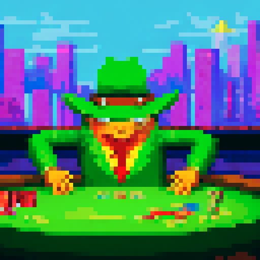 Green fanny frog, wearing a cowboy hat and a sly expression, sits at a poker table smoke weed , with casino in the background, all in a pixelated and vivid sRGB style
