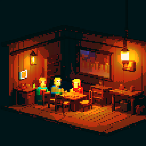 Cozy inn with dim lights and band of heroes sitting next to the table, pixel art 