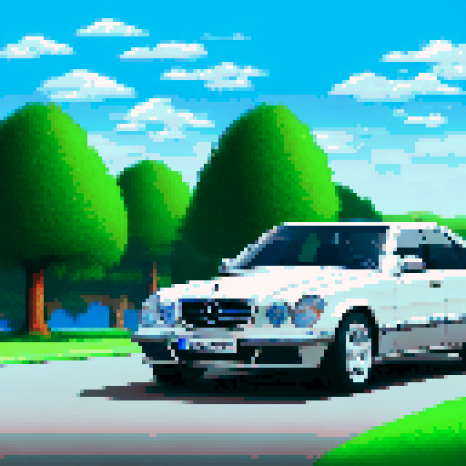 Photorealistic whole Mercedes E class, three-quarter view, right front wheel, clean background, sRGB colors, pixel art style
