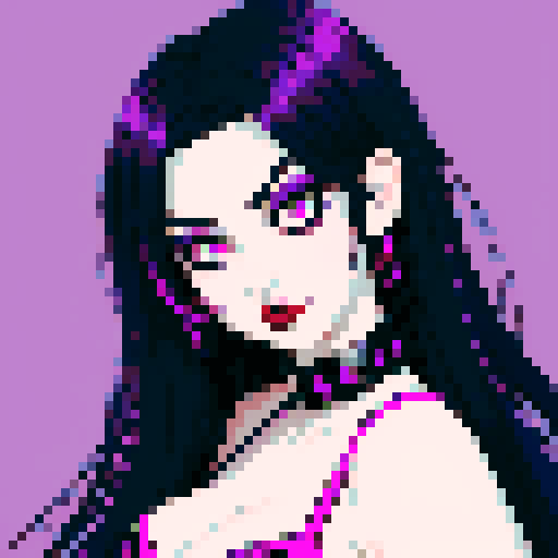 curvy, busty goth girls face, whole head portrait, black hair, purple eyeshadow, red lipstick, purple bikini, studded collar, vibrant srgb colors, edgy aesthetic. 16 bit, anime style