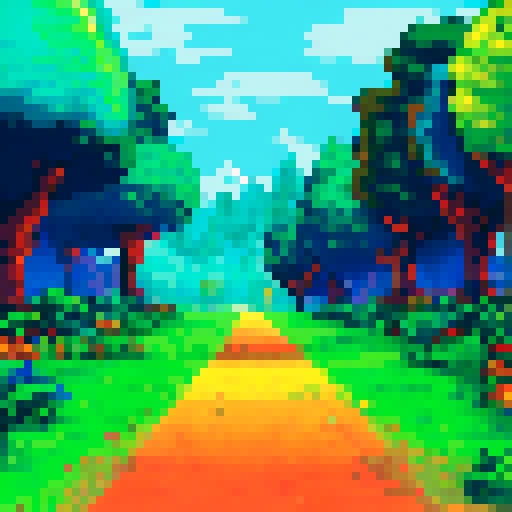 Blue-hooded runner sprinting through a vibrant, pixelated landscape with rolling hills and towering trees as the backdrop in a vivid sRGB color palette