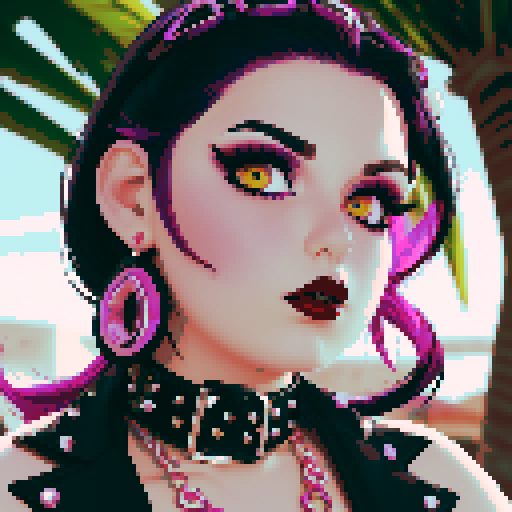 curvy, busty goth girl , whole head portrait, black hair, purple eyeshadow, red lipstick, wearing bikini, studded collar, glamour shot, vibrant srgb colors, edgy aesthetic