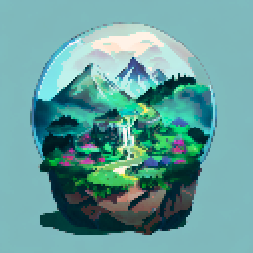 A circular glass dome containing a serene landscape.
At the center, a tall, majestic mountain with jagged peaks stands against a pastel sky.
In front of the mountain, a cascading waterfall flows into a calm river surrounded by lush green trees.
The foreground features various green plants, bushes