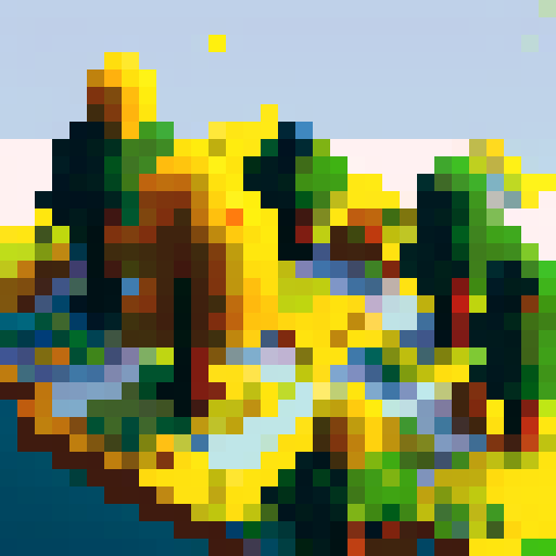 rock in the middle, two bit trees on each side, bright yellow sun in the pixel art sky
