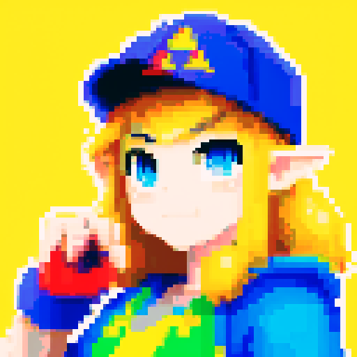pixel art portrait, person wearing Pokemon-style clothing, cap with Triforce logo, Legend of Zelda, sRGB, joystick in hands, vibrant colors, intricate pixel details
