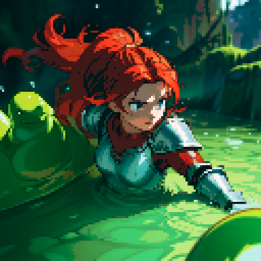 hero sinking into slime, hero drowning in slime, hero has red hair, hero has silver armor