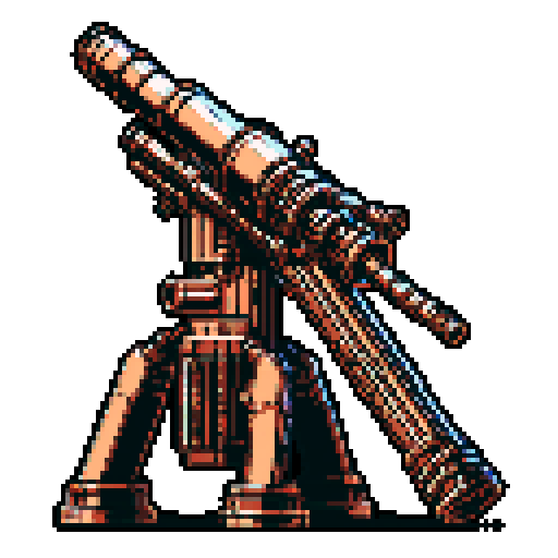 I want a tall vertical copper structure reminiscent of a minigun's barrel. It should have strange mechanical details that could interlock with each other. I also want this object usable an asset in a videogame, meaning only one object per image, outlined with a strong black stroke, on a solid-color background.