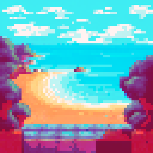 overhead view, vibrant beach, waves washing, sRGB, pixel art