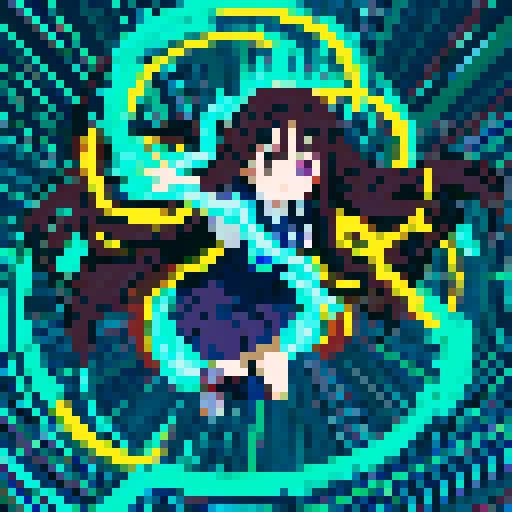 anime girl with long, glowing eyes, flowing hair, dark colors, hovering above the ground in a revealing school uniform, with a 16 bit style that pops against the sRGB color palette
