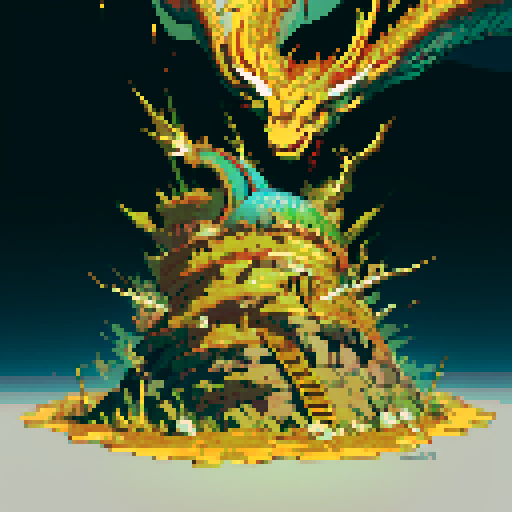 dragon with shimmering scales, hoard of gold coins glimmering in the background, dragon leisurely lounging on top of a massive pile of gold coins, dragon's majestic form taking up the full canvas with intricate pixel art details in a vibrant sRGB color palette, dragon is gold colored