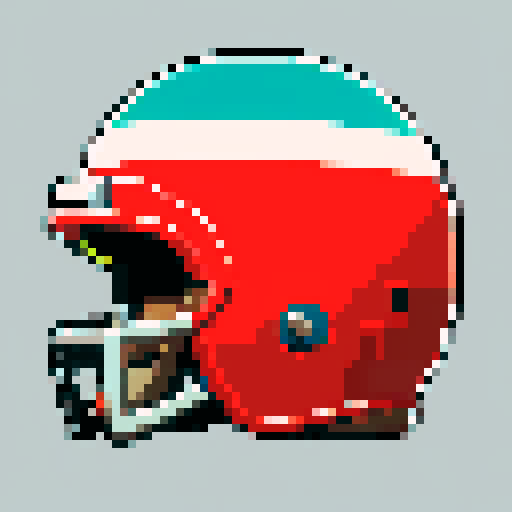 Tecmo Bowl Team Helmet Side Profile, bold and vibrant pixel art, sRGB colors, fierce team logo, intricate detailing, dynamic perspective, vibrant team colors, precise shading, sharp lines, meticulous design