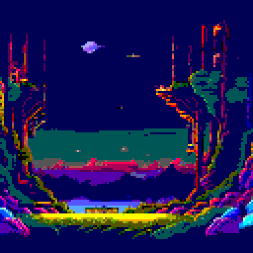 huge observation tower atop a mountain, distant view, black night sky, twinkling glowing stars, sRGB, pixel art, background, landscape