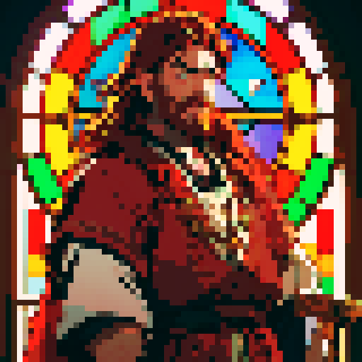 Balhmyr Sundrin, noble dwarf cleric with a flowing red beard, shining warhammer, stained glass window depicting gods, warm hues of the setting sun, pixel art style