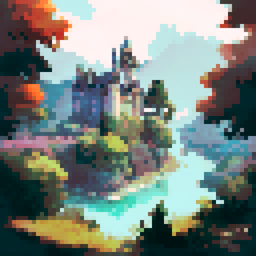 Majestic castle overlooking a misty river, perched atop a rocky hill, surrounded by lush green forests and a rainbow-colored sky, depicted in a landscape portrait style.