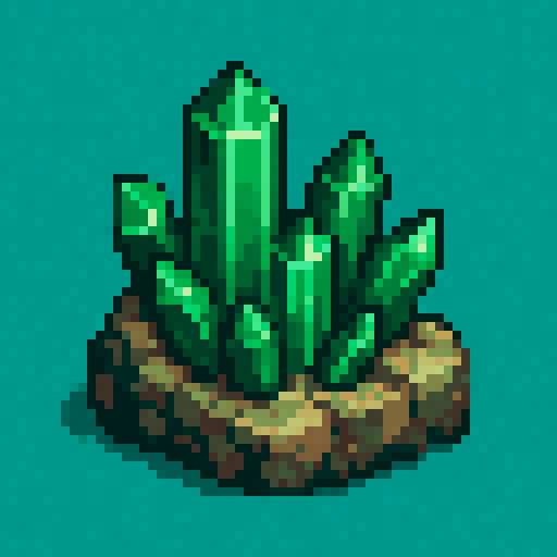 Emerald crystals embedded in a small piece of rock, hexagonal crystal pattern, solid-color background