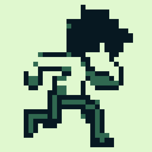 

Megaman style, 8-bit pixel art. young man with cricket bat in run cycle. Action. messy hair, slacker vibe.