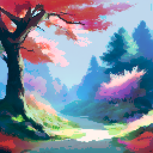 autumnal forest clearing, giant tree, vibrant foliage, golden sunlight, serene atmosphere, landscape portrait