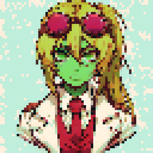 Zombie with green skin, shoulder length blonde hair styled with straight bangs covering the forehead, and a high ponytail, green eyes with a neutral expression and slight frown, wearing large pinkish red goggles on top of the head, a white jacket, red vest and red tie underneath, white shirt with visible collar, set against a pixel art background depicting a serene, sRGB landscape