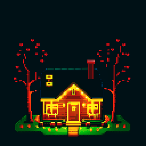 house with lights on near forest, night
