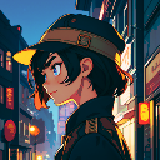 Night city street light background, profile picture, young girl, grateful face, rounded face, blue eyes, short black hair, brown jacket, beige hat, facing directly