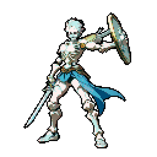 A full body skeleton warrior holding a sword and shield