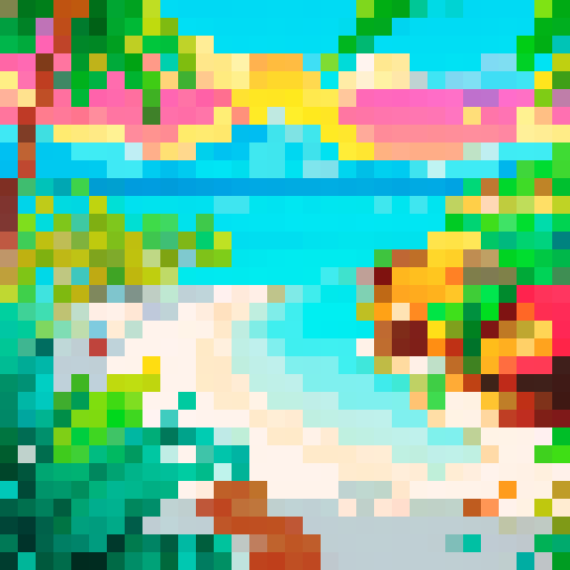 Vibrant palm trees, crystal clear turquoise waters, golden sandy beaches, cascading waterfalls, towering volcanic mountains, colorful coral reefs, charming beach huts, tropical fruits, flaming sunsets