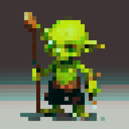 A small, green-skinned humanoid creature with pointy ears, sharp teeth, and a crude wooden club. It wears ragged clothes and has a mischievous expression on its face. The goblin has a lean, wiry build, with patches of dirt and scars covering its skin, indicating a rough and wild lifestyle. Its eyes are large and glowing with a cunning glint. No background.
