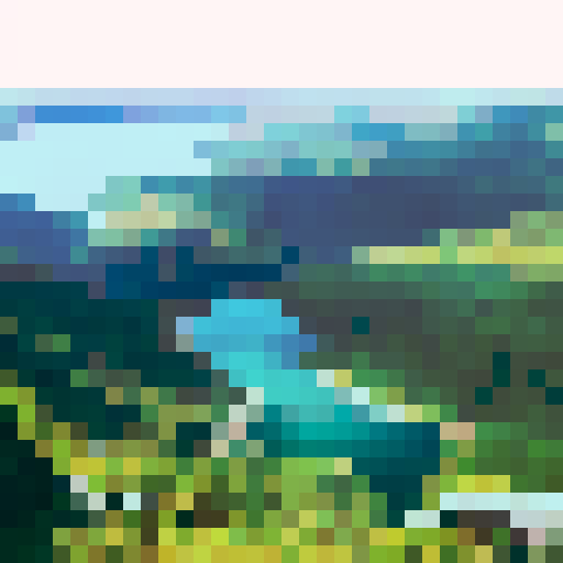 L-shaped lake on bottom on picture, shorline, rockface shelf for lean-too nearby, woods in the background