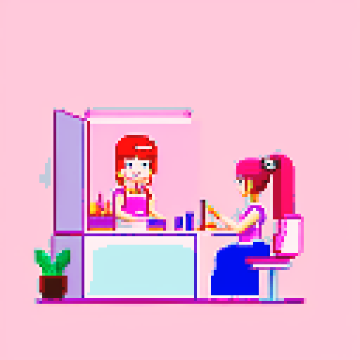 A nail tech wearing a pink apron and a client in a nail salon. 
