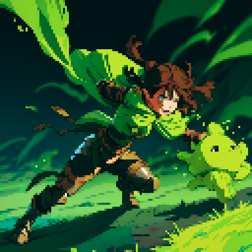 slime slamming into a hero, impact, splattering, full-body image, hero has brown hair and metal armor, slime is green