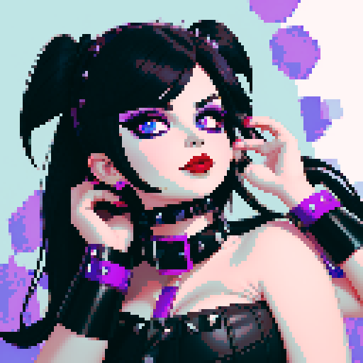 curvy, cute busty goth woman's face, whole head portrait, black hair, purple eyeshadow, red lipstick, low cut leather halter top, studded collar, vibrant sRGB colors, pixel art, NES style