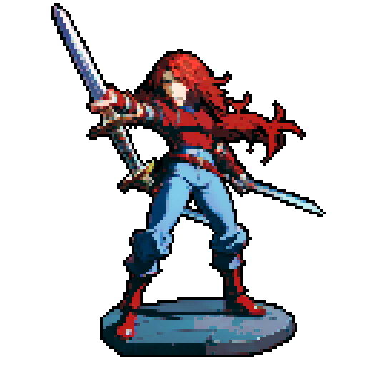 Sprite of a JRPG character with red hair, silver armor, blue pants and black shoes, holding a sword.