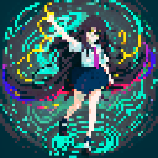 anime girl with long, glowing eyes, flowing hair, dark colors, hovering above the ground in a revealing school uniform, with a 16 bit style that pops against the sRGB color palette
