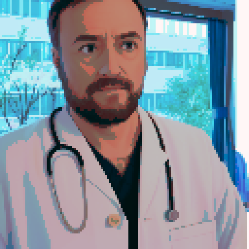 psychiatrist, cozy office, vintage armchair, patient's deep introspection, gentle smile, comforting presence, color palette of muted blues and warm earth tones, pixel art, sRGB