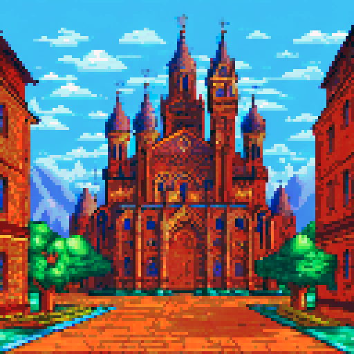 Stained glass windows, towering arches, flickering candlelight, serene statues, and vibrant frescoes in a landscape portrait of the interior of a holy church