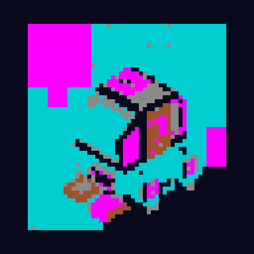 16-bit pixel art rogue spaceship, rusty silver hull, cyan-magenta hyperspace trail, glowing cyan engines, bolted-on pod, SNES style, 64x64px grid, 16-color palette.

