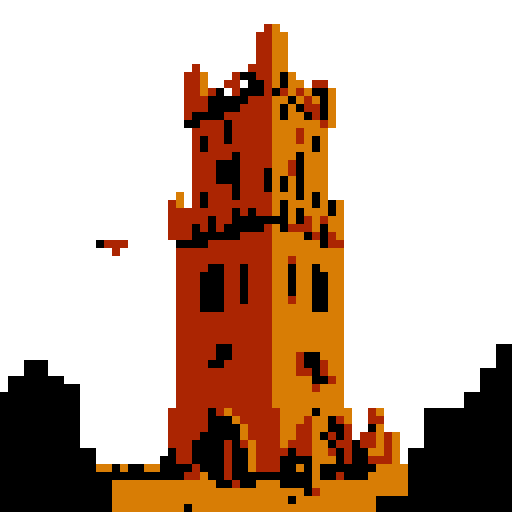 crumbling brick and copper tower. Simple style, thick black lines, white background.