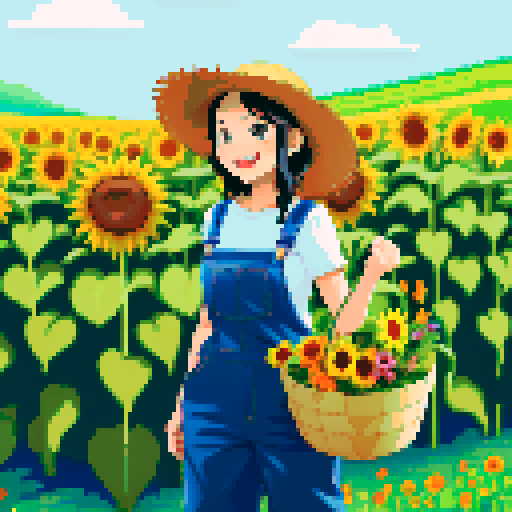 happy, female male farmer in pixel art style, black hair, surrounded by vibrant green fields, wearing worn-out denim overalls and a straw hat, holding a basket full of freshly harvested carrots and a bouquet of sunflowers, with a content smile on his face, standing next to a rustic wooden cart filled with colorful fruits and vegetables