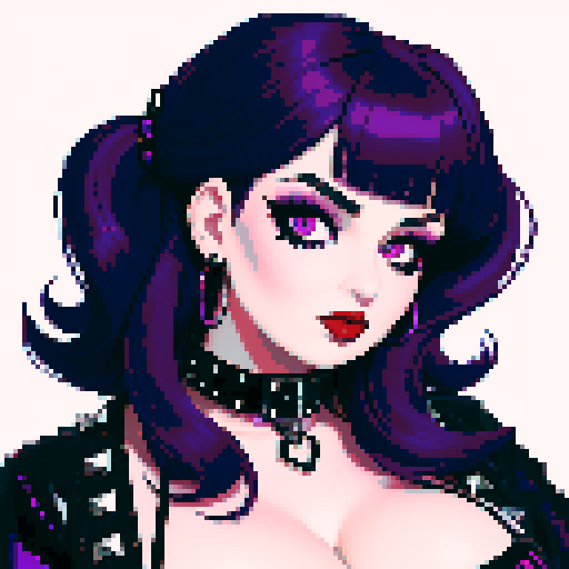 Plus size, busty goth girl face, purple hair, black eyeshadow, red lipstick, bikini, studded collar, sexy seductive glamour shot. vibrant srgb colors, pixel art, edgy aesthetic