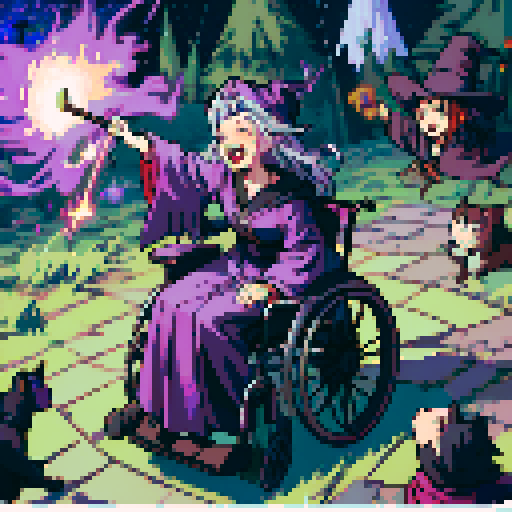 Wheelchair bound, witch, broomstick, cauldron, black cat, moonlit night, swirling clouds, glowing potions, pointed hat, long flowing robes, crooked nose, cackling laughter, magical sparks, enchanted forest, glowing eyes, stars in the sky, pixelated charm, vibrant colors