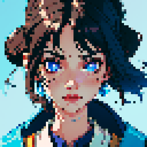 western style, portrait avatar, woman with shoulder length dark hair, looking at the camera, blue palette, close up
