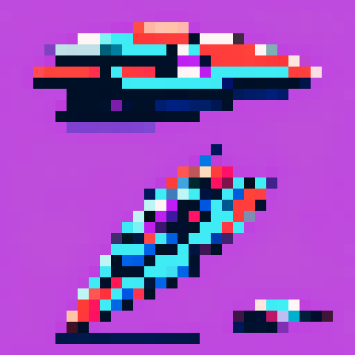 Sharp, angular spaceship with sleek, metallic hull and vibrant, contrasting pixel art colors