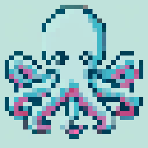 "Pixel art of a kraken with a retro, arcade-style aesthetic. The tentacles are symmetrical or wavy, with a blocky 8-bit style. Include a minimal background, such as plain white. The design evokes the feel of classic Space Invaders or retro video game creatures."