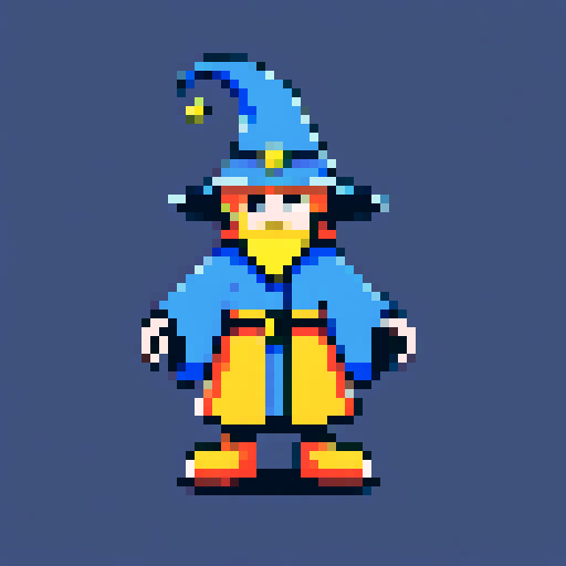 Create a pixel art character of a whimsical wizard
. The wizard should wear a blue robe covered with yellow stars and a matching pointy hat. He should have a playful grin