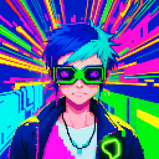 cyberpunk hacker with neon green hair and augmented reality glasses, floating above a glowing gene bottle filled with swirling strands of DNA, surrounded by a digital landscape of glitchy code rendered in pixel art with vibrant sRGB colors