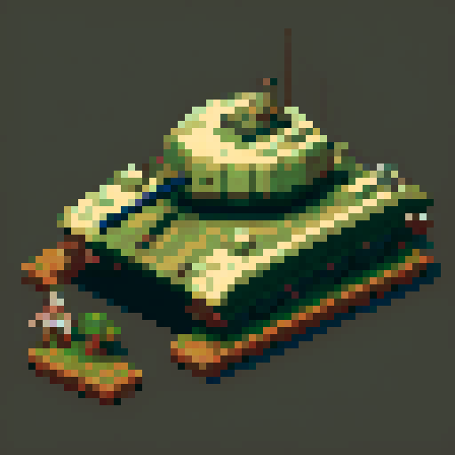top-down pixel art sprite sheet featuring a World War II army tank from a bird's eye view, showcasing its sleek, olive green body, rugged tank treads, rotating turret with a menacing barrel, and dynamic animations capturing its forward, backward, left and right movements, as well as its turret rotation and firing actions, all rendered in a captivating pixel art style